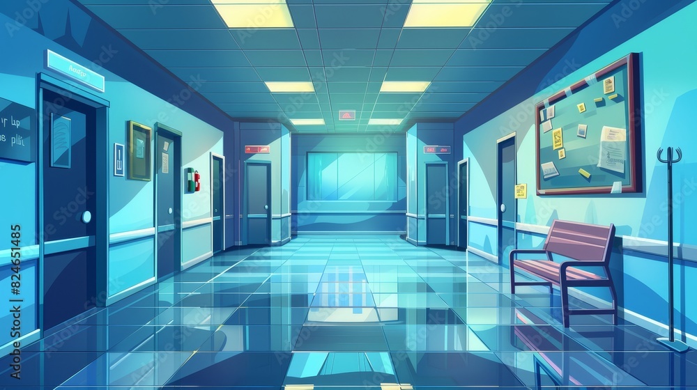 An illustration of a hospital hallway emergency room with a cartoon background