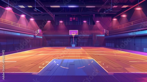 Modern illustration of a basketball court with wooden floor. Indoor stadium with lights cartoon design. Championship or tournament. Sports arena with team games concept. © Mark