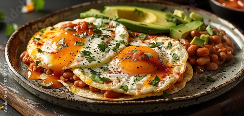 Wallpaper Mural Delicious huevos rancheros with sunny side up eggs, avocado, and beans on a ceramic plate for a classic Mexican breakfast. Torontodigital.ca
