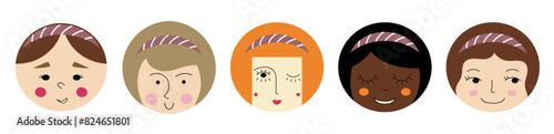 Character pack, young girlish faces. Cartoon creatures, various stickers, female countenance. Colored vector illustration.