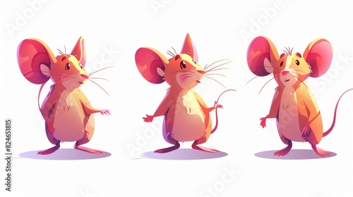Cartoon illustration of mice in a pest control environment. A group of three cartoon mice in a pest control environment.