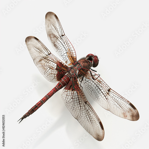 araffe dragonfly with red wings on a white background photo