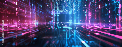  neon glowing lines and data flow against a dark backdrop  accentuated by pink and blue light streaks. The blurred abstract futuristic technology scene highlights dark tones