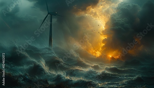 Wind turbine stands tall against a dramatic stormy sky with golden clouds. photo