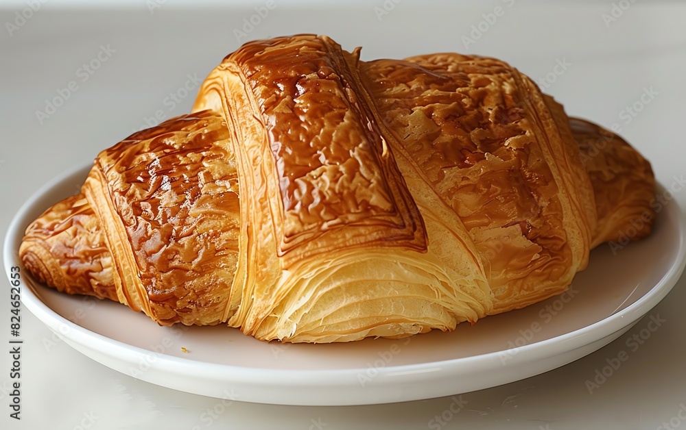 Golden, flaky croissant served on a white plate, showcasing its delicious and buttery layers. Perfect for breakfast or a snack. Golden, flaky croissant served on a white plate, showcasing its delicious and buttery layers. Perfect for breakfast or a snack.