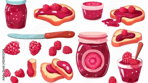 Isolated on white background, raspberry jam is spread on toast bread, a knife is present, a glass jar with jam, and fresh red berries are present. This is a modern illustration in cartoon flat style