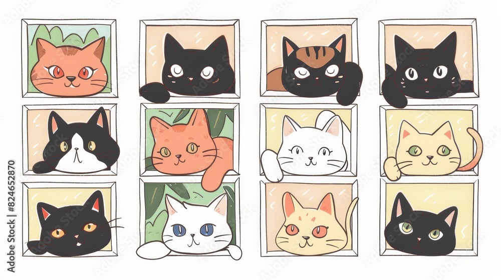 A set of cartoon cats peeking out the window. A funny set of peeking pets. Modern illustration on white background. A tattoo. A set of cartoon cats peeking out the window. A funny set of peeking pets. Modern illustration on white background. A tattoo.