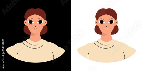 Concept of emotions before and after. Cartoon cute girlish face. Woman with a sad and joyful face. Isolated vector.