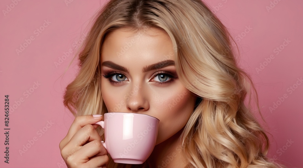 Beautiful attractive blonde woman model with cup of coffee Beautiful attractive blonde woman model with cup of coffee