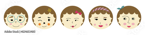 Different avatars, attractive girlish faces. Flat cartoon characters, diverse mood, girl image. Funny girl visage.