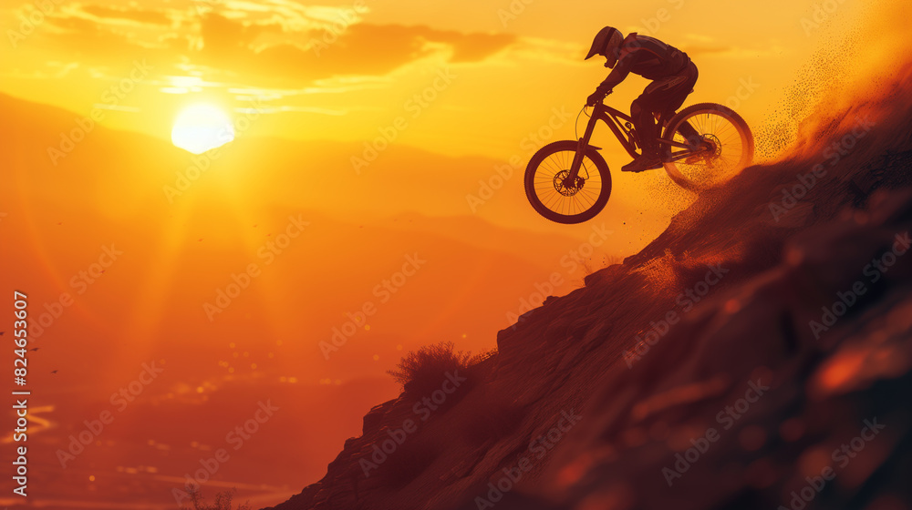 arafed man riding a bike up a steep hill at sunset