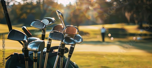 various golf clubs neatly arranged in a golf bag, which is placed on a golf cart. The setting is a serene golf course, embodying the tranquility and elegance of the sport. The golf photo