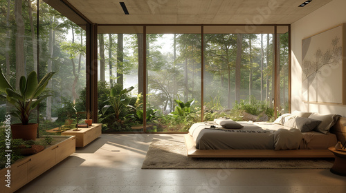 A minimalist bedroom with a focus on natural light. Floor-to-ceiling windows offer panoramic views of a lush green forest. The walls are painted white