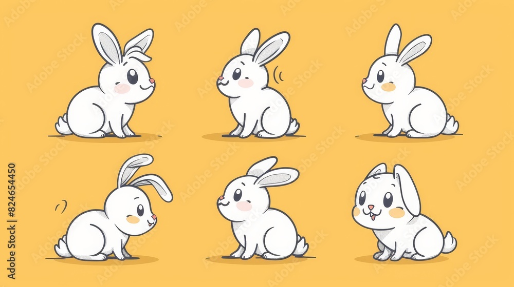 Modern illustration of a bunny rabbit outline sketch. Minimal bunny line art doodle in different poses.