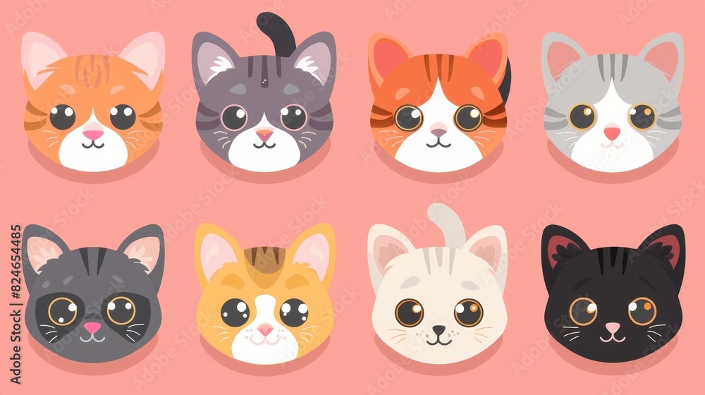 Animated cartoon cat head set with colorful flat illustration style. Domestic cat collection of cute kittens.