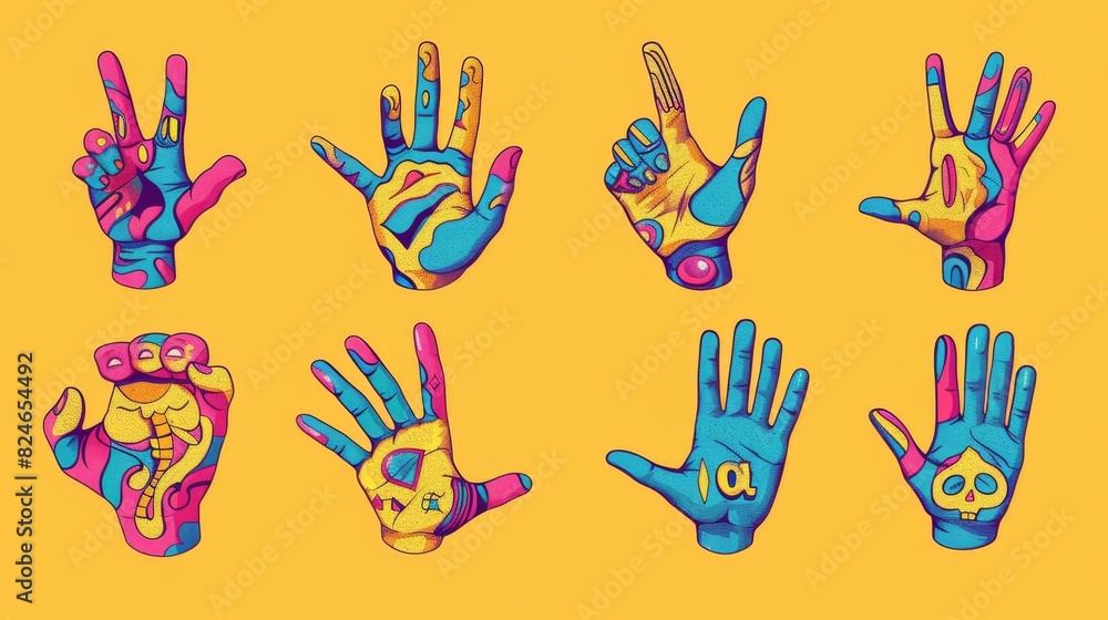 An abstract trendy Y2K modern illustration showing victory, shaka, ok, rock, love, a book and a guitar. Retro groovy hand set. Cartoon hippie hand collection. Various vintage hippy palm stickers. An abstract trendy Y2K modern illustration showing victory, shaka, ok, rock, love, a book and a guitar. Retro groovy hand set. Cartoon hippie hand collection. Various vintage hippy palm stickers.