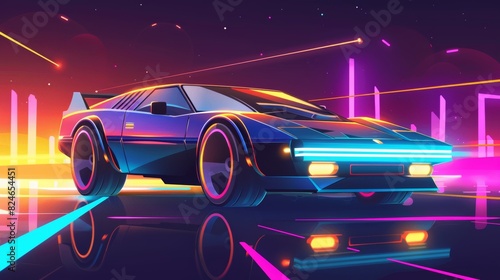 In the future, we will see futuristic retro cartoon cars with neon signs, lights, and dark backgrounds. photo