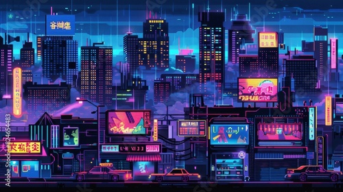 Retro video game pixelart city with skyscrapers, neon lights, billboards, cars, and theater marquees at night. photo