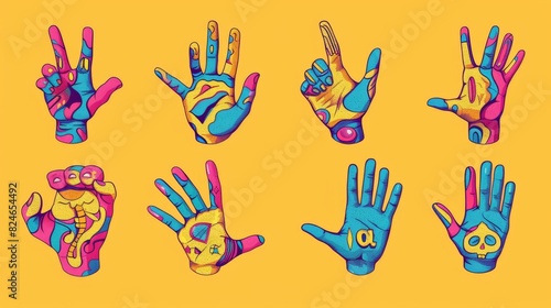 An abstract trendy Y2K modern illustration showing victory  shaka  ok  rock  love  a book and a guitar. Retro groovy hand set. Cartoon hippie hand collection. Various vintage hippy palm stickers.