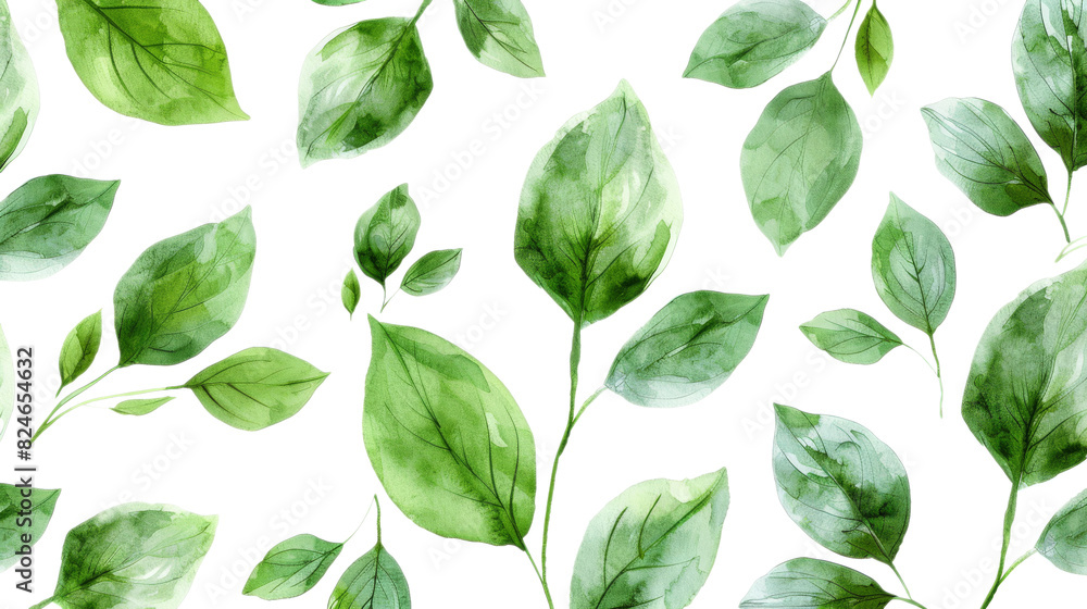 Delicate watercolor leaves in varying green hues on a white background with a soft texture Delicate watercolor leaves in varying green hues on a white background with a soft texture