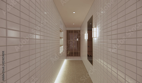 Korea modern hanok entrance white tile wood indirect lighting simple interior photo