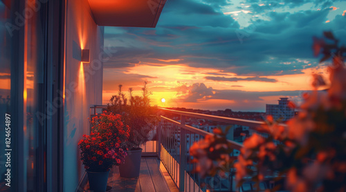 Rooftop sunset soft tones balcony warm blue soft light life vibes. Generative AI. © visoot