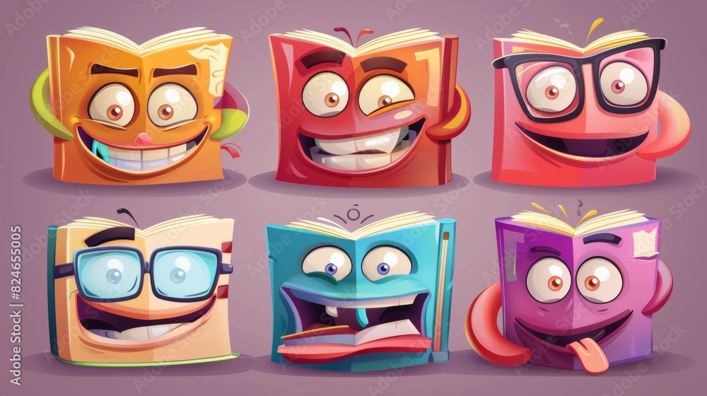 Cartoon textbook, notebook, and bestseller book characters with modern smiles. School library and education books, kids personages with funny faces and bookmarks, dictionary emoticons. Cartoon textbook, notebook, and bestseller book characters with modern smiles. School library and education books, kids personages with funny faces and bookmarks, dictionary emoticons.