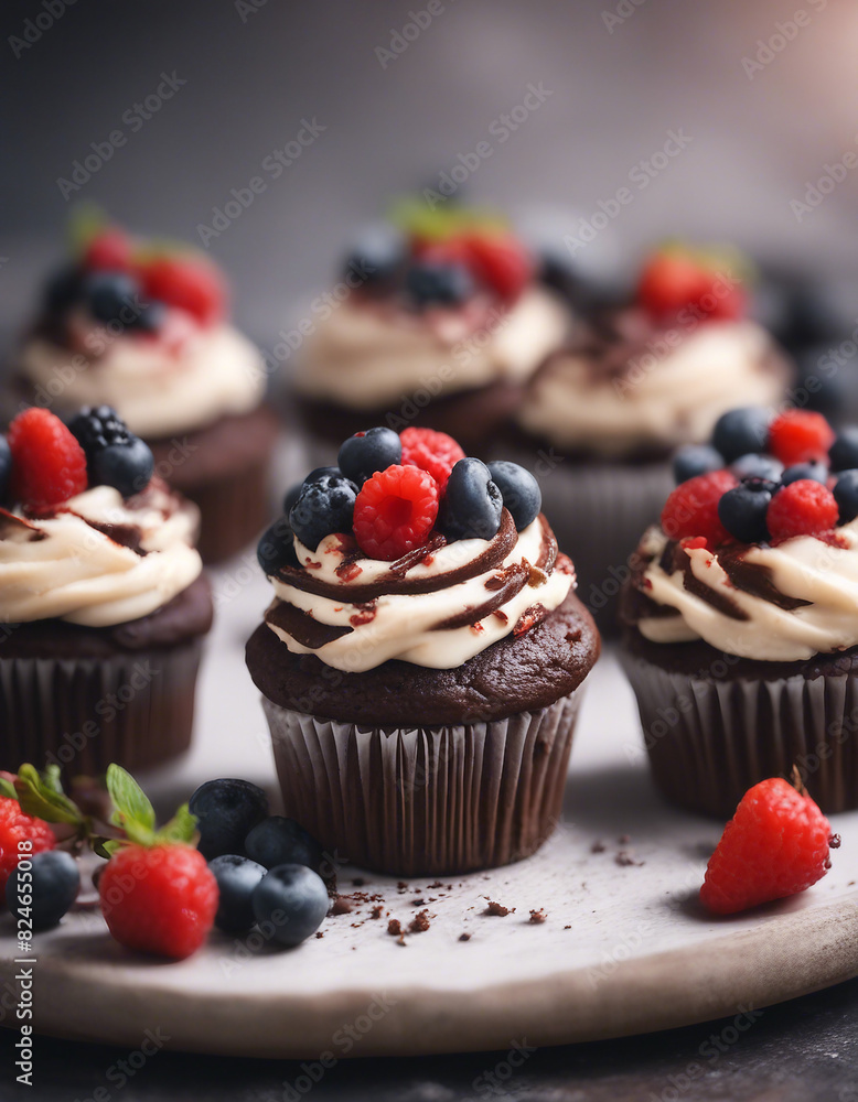 Chocolate cupcakes with cream cheese frosting and fresh berries, lovely and delicious dessert snack
Chocolate cupcakes with cream cheese frosting and fresh berries, lovely and delicious dessert snack