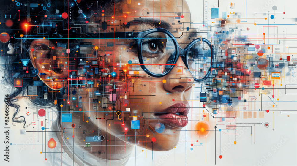 A woman's face is shown with a lot of detail, including her glasses and lips. The image is a colorful and abstract representation of a woman's face, with many different shapes and colors