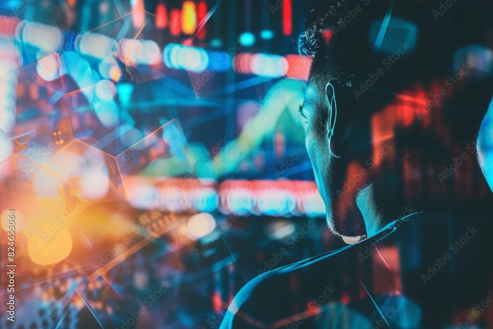 Silhouette of a man with abstract digital patterns overlay, symbolizing hightech vision Silhouette of a man with abstract digital patterns overlay, symbolizing hightech vision