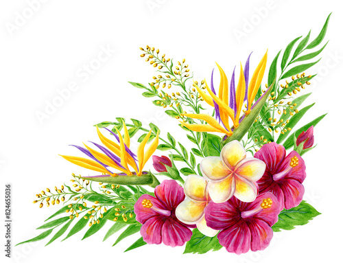 Tropical bouquet. Hand drawn watercolor painting with pink Hibiscus rose flowers and palm leaves. Tropic floral summer corner composition.