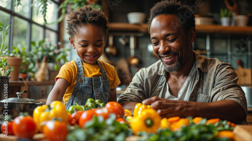 A man and a child are in a kitchen, preparing food together. The kitchen is filled with various vegetables, including tomatoes, peppers, and carrots. The scene conveys a warm and happy atmosphere