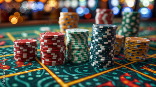 A pile of poker chips on a green table. The chips are of different colors and sizes. Concept of excitement and anticipation, as if someone is about to start a game of poker