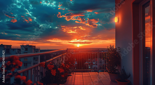 Rooftop sunset soft tones balcony warm blue soft light life vibes. Generative AI. © visoot