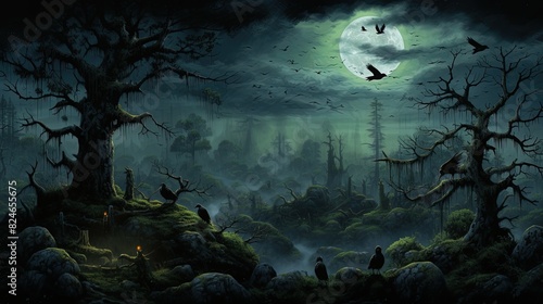 Scary halloween background. Spooky halloween background. Mysterious and scary foggy forest halloween backgrounds.