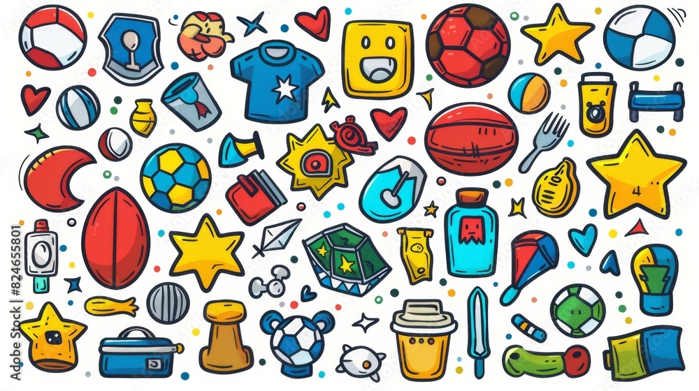 Set of modern doodles cartoon objects representing football combinations Set of modern doodles cartoon objects representing football combinations