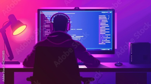 Programming code on computer laptop screen modern icon flat graphic illustration, developer type program software script on table working desk, cartoon coder programmer image clipart photo