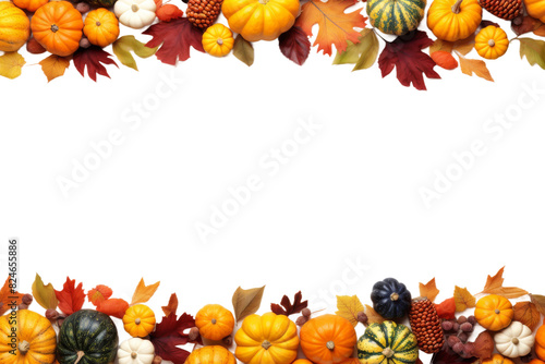 Harvest Bounty: A Bountiful Border of Pumpkins, Gourds, and Leaves on a White or Clear Surface PNG Transparent Background.