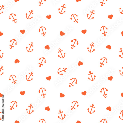 Seamless pattern with orange hearts and anchors