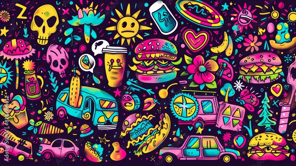 Collection of cartoon characters, doodle smile face, food truck, hamburger, heart, flower, pizza, world. Retro groovy hippie design for decorative and sticker use. Collection of cartoon characters, doodle smile face, food truck, hamburger, heart, flower, pizza, world. Retro groovy hippie design for decorative and sticker use.