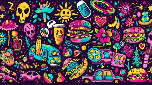 Collection of cartoon characters  doodle smile face  food truck  hamburger  heart  flower  pizza  world. Retro groovy hippie design for decorative and sticker use.