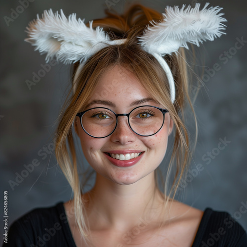 blond woman with glasses and a bunny ears and a black shirt photo
