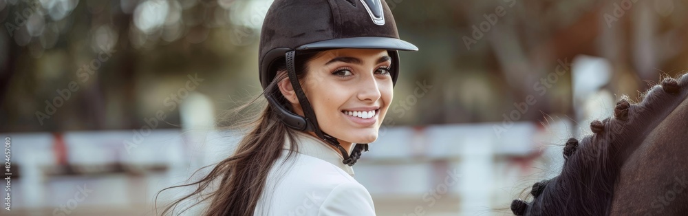 A woman with a helmet stands next to a horse A woman with a helmet stands next to a horse
