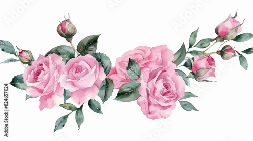 Isolated on white background  wreaths  floral frames  watercolor flowers pink roses  illustrations hand painted. Perfect work for greeting cards.