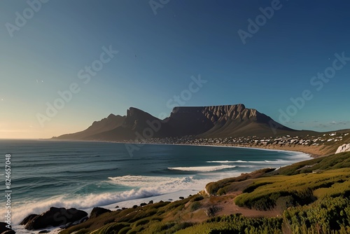 Landscapes Mountain And Blue Sea Blue Sky. Rocky mountain and Atlantic sea cape point with blue sky and warm sunshine in South Africa

