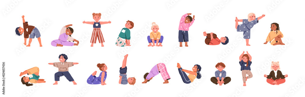 Kids exercising yoga. Children in asana and gym poses set. Cute little girls and boys, healthy sport activity. Child characters, toddlers stretch. Flat vector illustration isolated on white background Kids exercising yoga. Children in asana and gym poses set. Cute little girls and boys, healthy sport activity. Child characters, toddlers stretch. Flat vector illustration isolated on white background