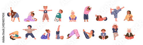 Kids exercising yoga. Children in asana and gym poses set. Cute little girls and boys, healthy sport activity. Child characters, toddlers stretch. Flat vector illustration isolated on white background