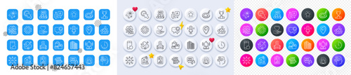 Skyscraper buildings, Microphone and Messages line icons. Square, Gradient, Pin 3d buttons. AI, QA and map pin icons. Pack of Jobless, Security network, Hold heart icon. Vector photo