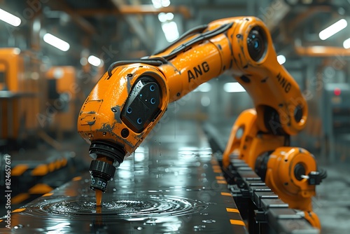 Orange robotic arm working on an assembly line in a factory.