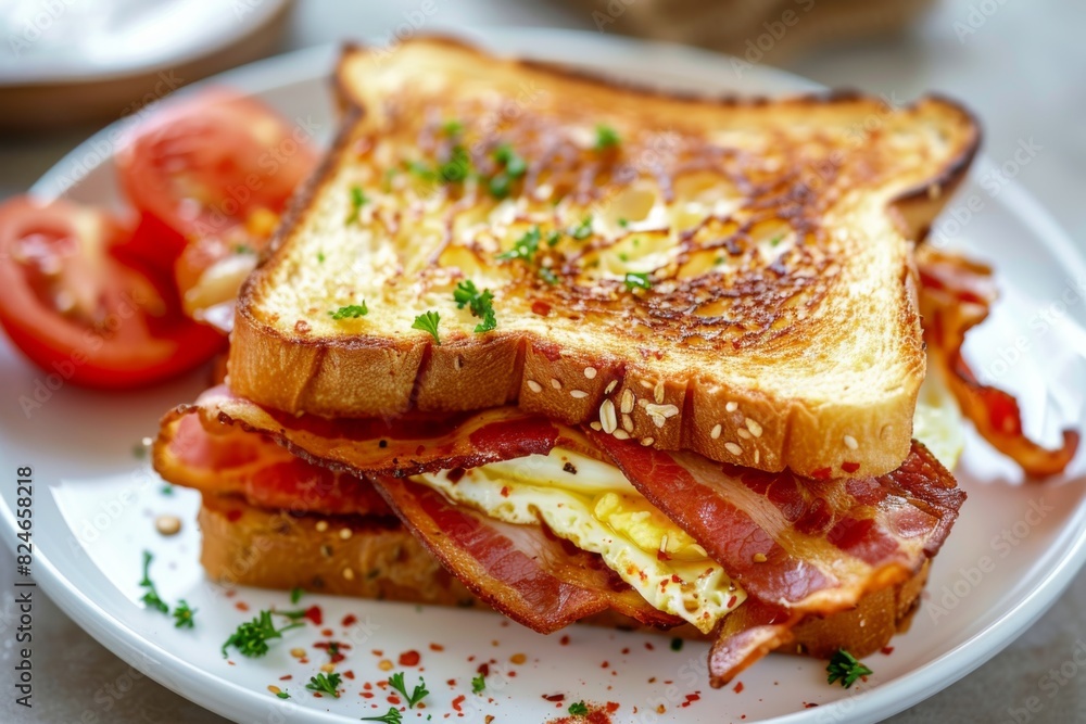 A delicious egg toast sandwich with crispy bacon and tomato slices, arranged on a white plate A delicious egg toast sandwich with crispy bacon and tomato slices, arranged on a white plate